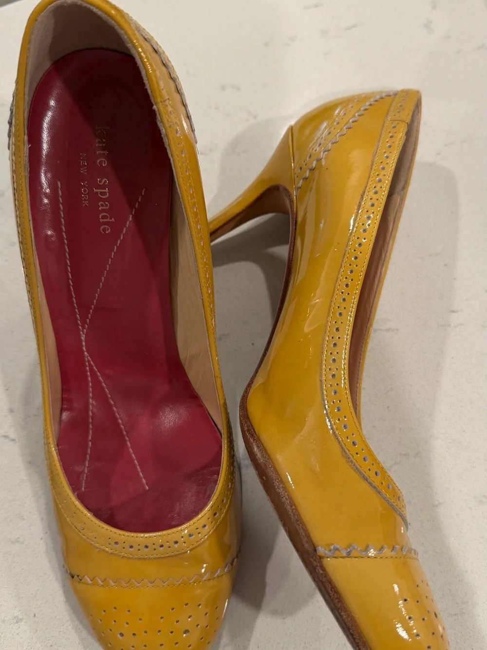 kate spade Yellow Patent Leather Round-Toe Pumps with Pink Insole